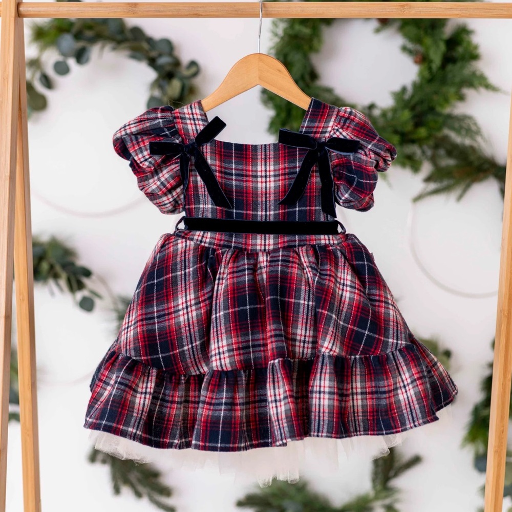 Festive Red Plaid Velvet-Bow Girls' Formal Dress